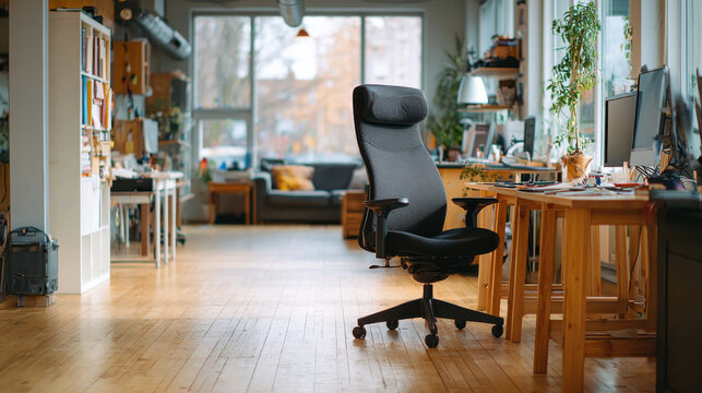 Modern office chair terracotta light with mineral tone wooden floor and aesthetic workspace filled with plants and natural