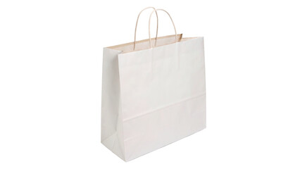 Simple white paper shopping bag with handles standing upright isolated on transparent background cut out © Pavel