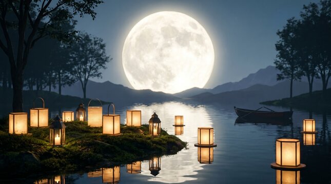 Glowing Lanterns Beneath the Full Moon Tradition, Serene lake scene illuminated by lanterns under a full moon.