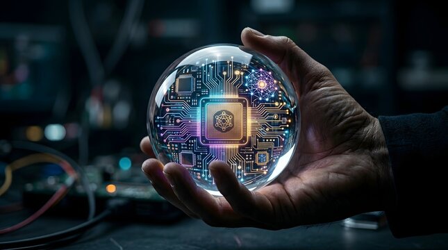 Hand holding glowing crystal ball with circuit board design