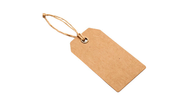 Blank rectangular brown kraft paper gift tag label with string isolated on transparent background cut out