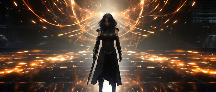 Cinematic fantasy warrior woman with sword, powerful female hero in dark armor, epic battle scene with glowing golden light trails and sparks