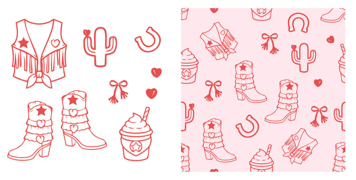 Cute pink western cowgirl seamless pattern with fringe vest, cowboy boots, cactus, horseshoes, hearts and milkshake icons in outline style for girls fashion and fabric design.