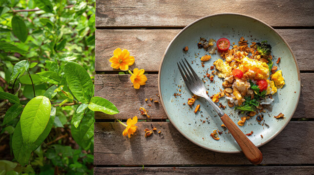 Scrambled egg dish with cherry tomato and herbs on terracotta mineral plate creating aesthetic rustic meal setting