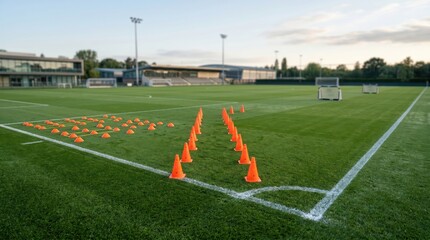 Fototapeta premium Two rows of cones and marker discs on soccer field