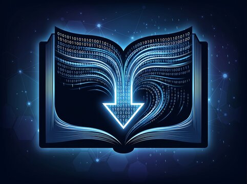 Digital knowledge transfer concept featuring an open book shedding glowing binary code into a download arrow on a tech background