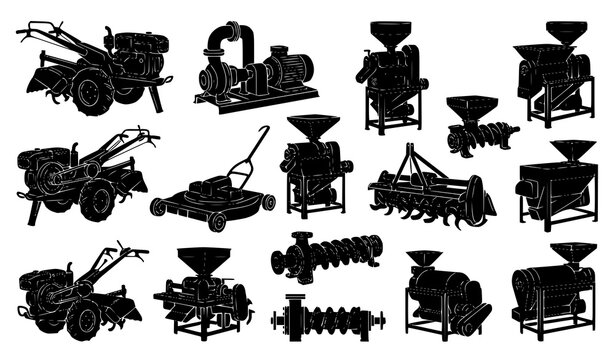 Premium Agriculture Machinery Vector Collection With Farm Equipment Silhouettes