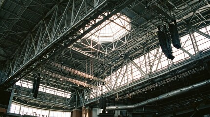 Fototapeta premium Industrial building interior with metal beams.
