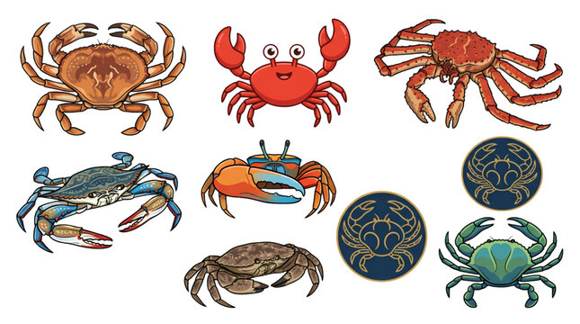 Crab vector illustration collection with marine seafood crustacean animals isolated on white background