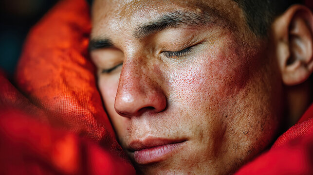 Sleeping man with terracotta pillow shows natural skin texture and mineral tones creating aesthetic close up portrait