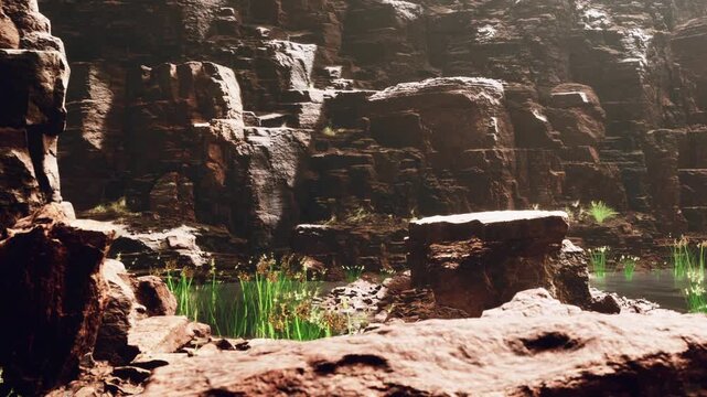 Water reflects light in a canyon with rocky surfaces. Green plants grow among stones. The area shows natural features with a mix of textures and colors.