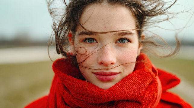 Terracotta scarf mineral tones aesthetic beauty close up portrait with windblown hair and blue eyes