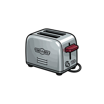 Retro Chrome Toast‑O‑Matic Toaster With Red Pop‑Up Lever, Start Button And Bread Slots, Vector Illustration