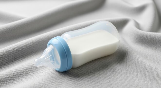 A blue baby bottle filled with milk sits on a gray fabric. The bottle has a silicone nipple and a blue and gray cap.