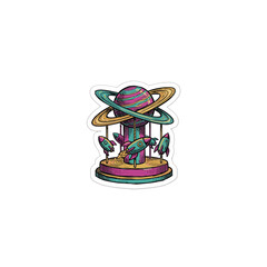 Vibrant Space Themed Carousel Ride Featuring A Striped Saturn Planet Atop Golden Poles With Retro Rocket Ships Suspended On A Circular Base Vector Illustration © kupu