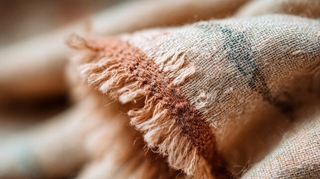 Soft terracotta fabric with mineral tones and aesthetic texture showing detailed woven threads and fringes