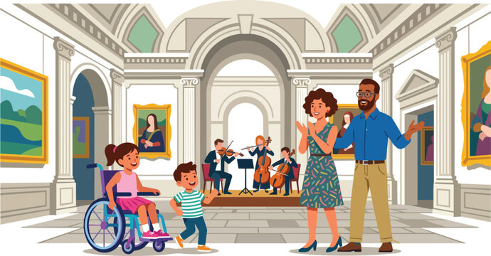 Family Enjoying Live Classical Music Performance in Grand Art Gallery with Wheelchair Accessibility museum interaction people children vector illustration geometric