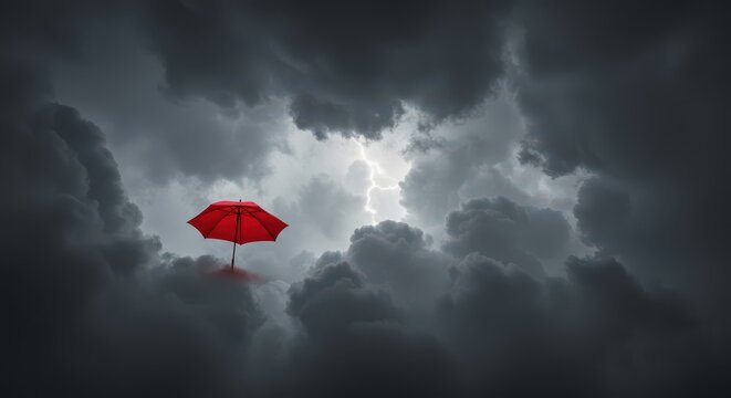 Lone scarlet canopy drifting high above the world within heavy, ominous gray thunder clouds, a surreal symbol of unexpected shelter, adrift, danger, high altitude