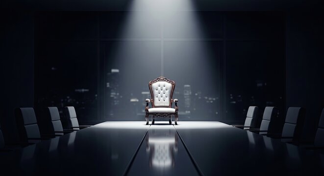 A single ornate chair sits dramatically illuminated on a long, dark stage. The chair is positioned centrally, facing a large window overlooking a sprawling cityscape at night.
