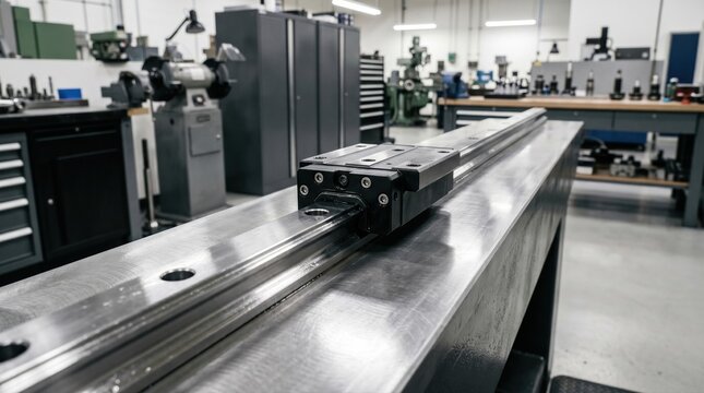 Linear guide rail with recirculating ball bearings on precision machine bed