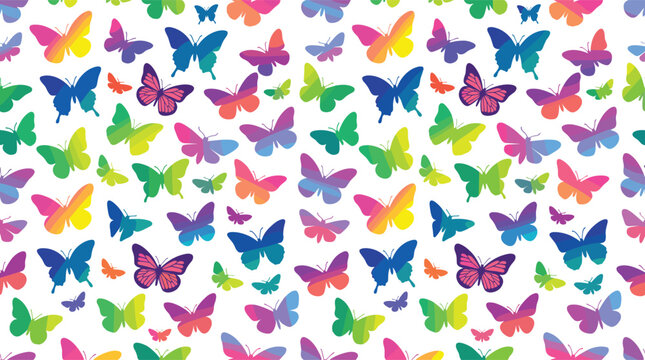 Seamless Colorful Butterfly Pattern with Vibrant Insect Silhouettes, Spring Nature Motifs, and Decorative Textile Design