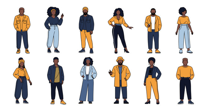 Collection of diverse people in trendy outfits and varied poses representing modern fashion and multiculturalism in a flat design.