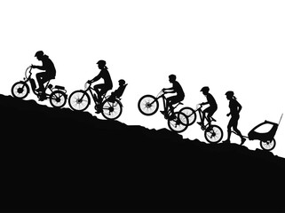 Obraz premium Vector illustration of silhouettes of a family cycling uphill