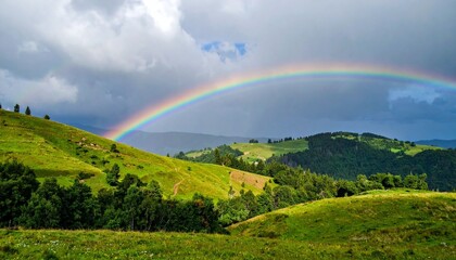 Fototapeta premium Rainbow over green rolling hills