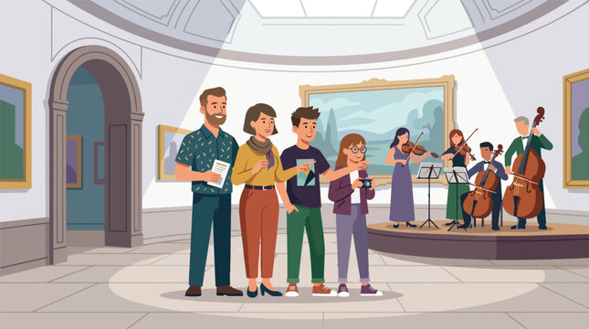 Family Enjoying Live Classical Orchestra Performance in Elegant Museum Gallery with Artistic Vector Illustration violin cello concert art people smiling