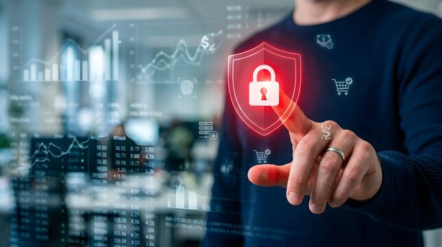 Cybersecurity shield and data protection concept with hand pressing glowing security icon