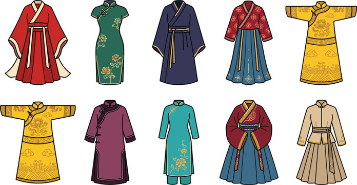 Traditional Chinese Clothing Icon Set with Hanfu, Cheongsam, Qipao, Changshan, and Cultural Asian Dress Flat Graphic Elements for Fashion History Designs