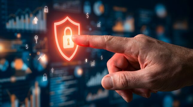 Cybersecurity shield and data protection concept with hand pressing glowing security icon