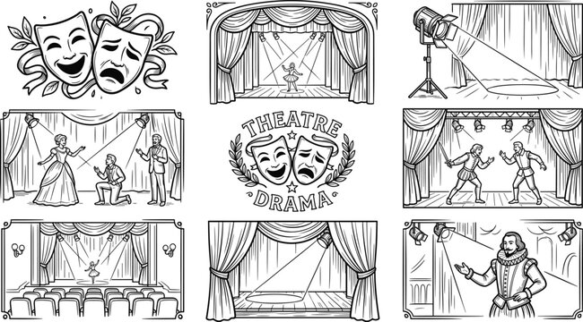 Theatre Drama Elements and Stage Performance Illustrations Set Hand Drawn Line Art Doodles Vector Assets for Comedy Tragedy Mask Spotlight and Actors (23 words)