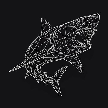 A geometric shark illustration depicts a fierce predator in a digital artwork scene.
