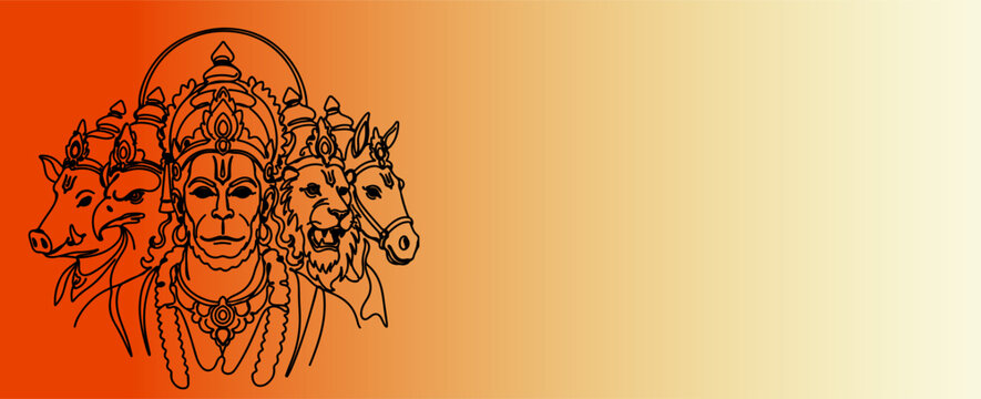 Panchamukhi Hanuman Five Faces Line Art Illustration Banner