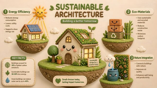 Cute 3D claymation infographic about sustainable architecture, featuring a cute, smiling eco-house character with a lush green living roof in the center, surrounded by th... in soft pastel col...