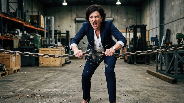 A determined businesswoman aggressively breaks a heavy chain with her bare hands in an industrial setting. She wears a dark blue suit and pants, and her expression conveys intense effort and resolve.