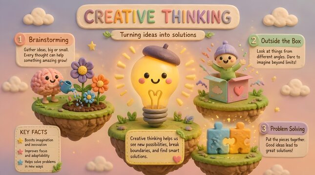 Cute 3D claymation infographic about creative thinking, featuring a cute, gently glowing lightbulb character wearing a tiny artist's beret with a smiling face in t... in soft pastel colors.