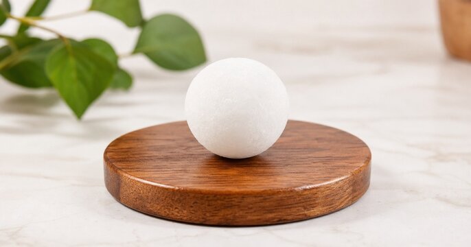 mothball. White camphor ball on wooden coaster, simple household freshness concept. lifestyle magazines, social media lookbooks, designed for lifestyle magazines and social media content.