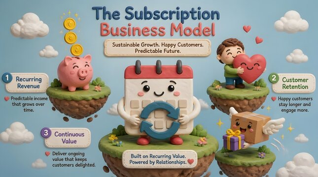 Cute 3D claymation infographic about subscription business model, featuring a cute, smiling calendar character holding a circular repeating arrow in the center in soft pastel colors.