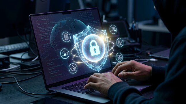 Cyber security concept with padlock on laptop screen and digital code