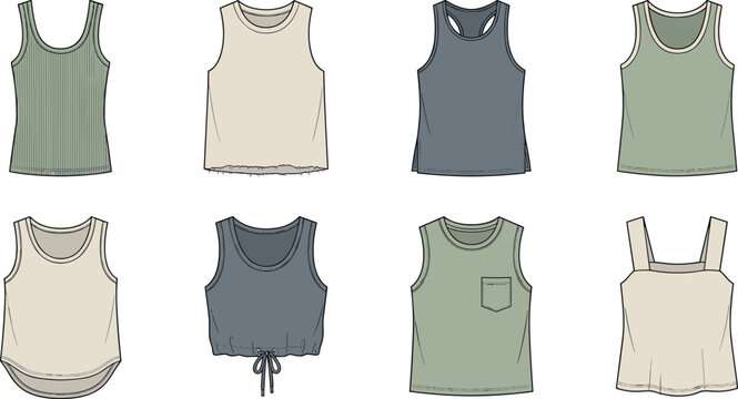 Women fashion tank tops and sleeveless shirts collection including cropped vest and ribbed camisole vector set
