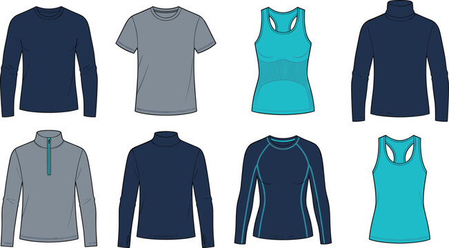 Men and women activewear tops collection including long sleeve shirts t-shirt tank tops and pullover vector set