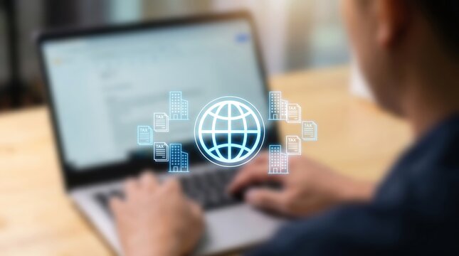 Automated Global Corporate Tax Concept: Floating Neon Blue Holographic Globe, Skyscraper Icons, and Financial Document Nodes above Blurred Laptop
