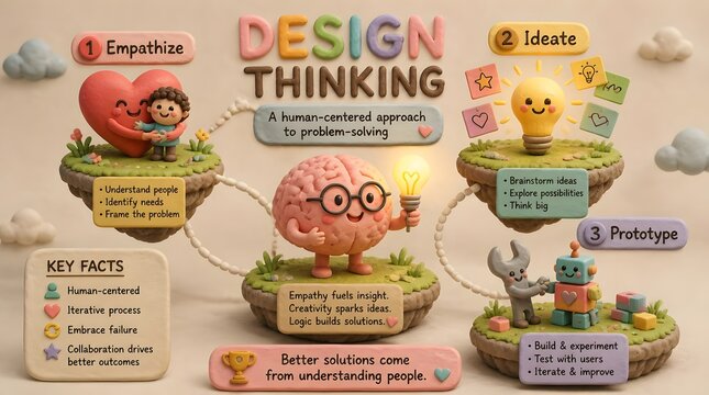Cute 3D claymation infographic about design thinking, featuring a cute, smiling clay brain character wearing tiny glasses and holding a softly glowing lightbulb ... in soft pastel colors.