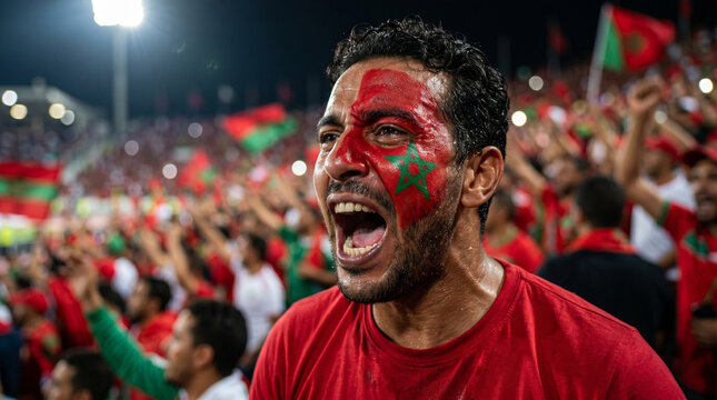Passionate Morocco soccer fan with face paint screaming in a stadium