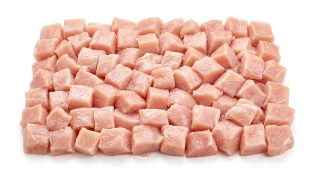 A package of cubed pork is displayed on a white surface. The pork is cut into small, uniform cubes.