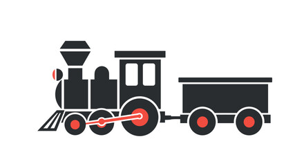 Silhouette of a classic steam locomotive train with a passenger carriage in black and red accents against a white background. © MS