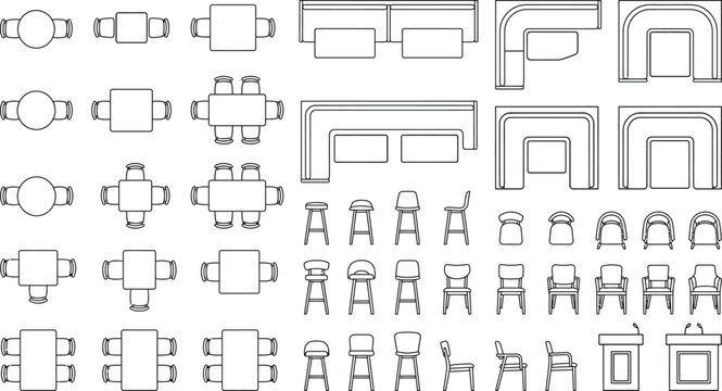 Seating and table layout cad block vector set, top view furniture arrangements for interior floor plans, restaurant and office space planning blueprint design