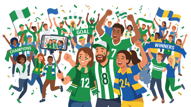 Illustration of a diverse crowd of people celebrating with flags and banners in green and blue colors on a white